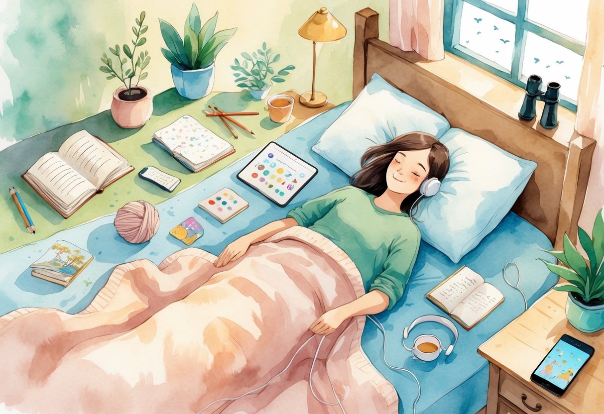 A person lying on a bed surrounded by objects representing hobbies like reading, drawing, knitting, meditation, listening to music, journaling, playing games, drinking tea, and bird watching.