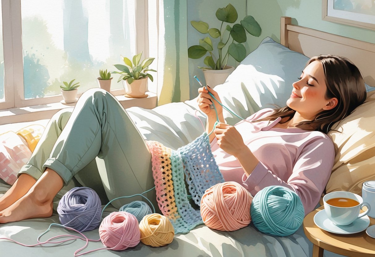 A person lying on a bed crocheting with ergonomic hooks, surrounded by colorful yarn and cozy home elements.
