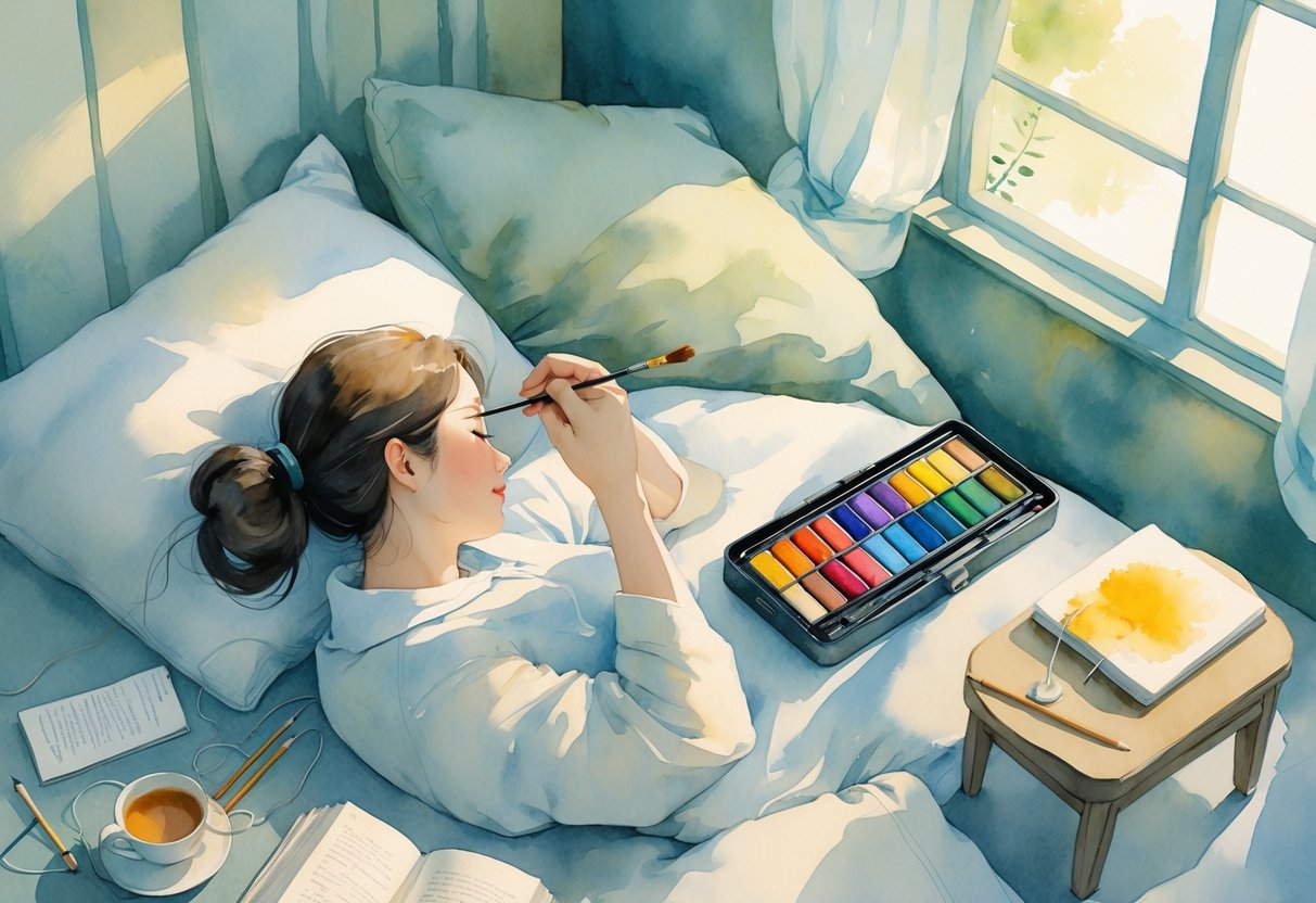 A person lying on a bed surrounded by hobby items including watercolor paints, an open book, knitting needles with yarn, a sketchpad, headphones, and a cup of tea.