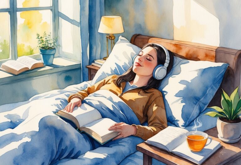 A person lying on a bed wearing headphones, surrounded by a book, a cup of tea, and a plant in a softly lit room.