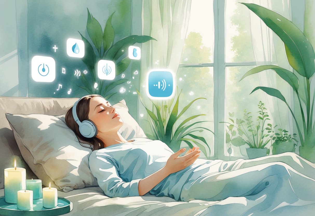 A person lying down peacefully with eyes closed, surrounded by soft glowing symbols representing meditation apps, in a cozy room with plants and soft natural light.