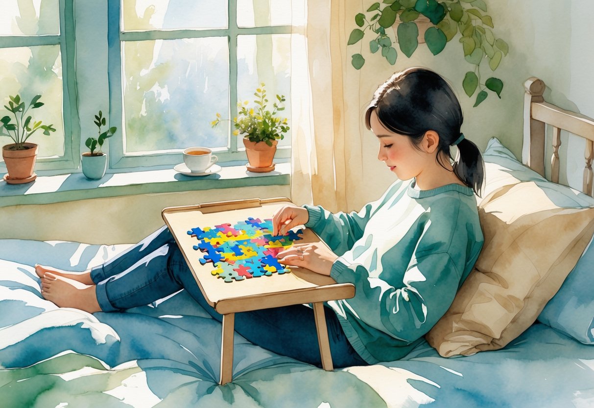 A person lying down on a bed using a lap desk to solve a jigsaw puzzle, surrounded by a cozy setting with soft lighting.