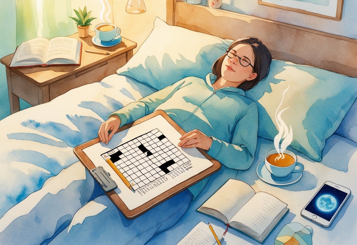 A person lying on a bed working on a crossword puzzle with a pencil, surrounded by a book, a cup of tea, reading glasses, and a smartphone.
