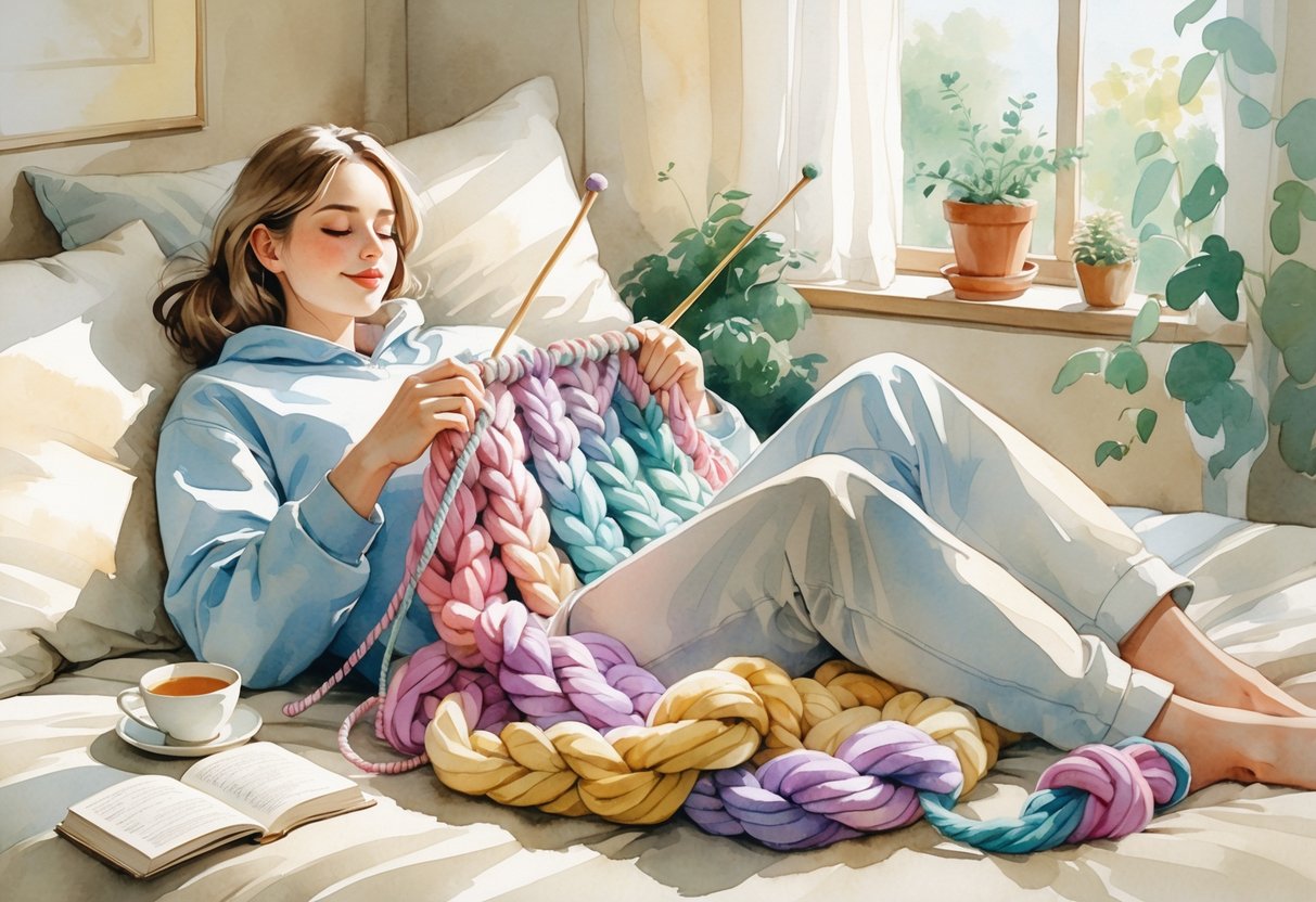 Person lying down and knitting with thick yarn in a cozy room with soft natural light.