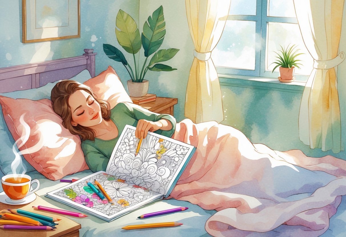 A person lying on a bed coloring in an adult coloring book with colored pencils nearby, surrounded by a cup of tea, reading glasses, and a small plant.