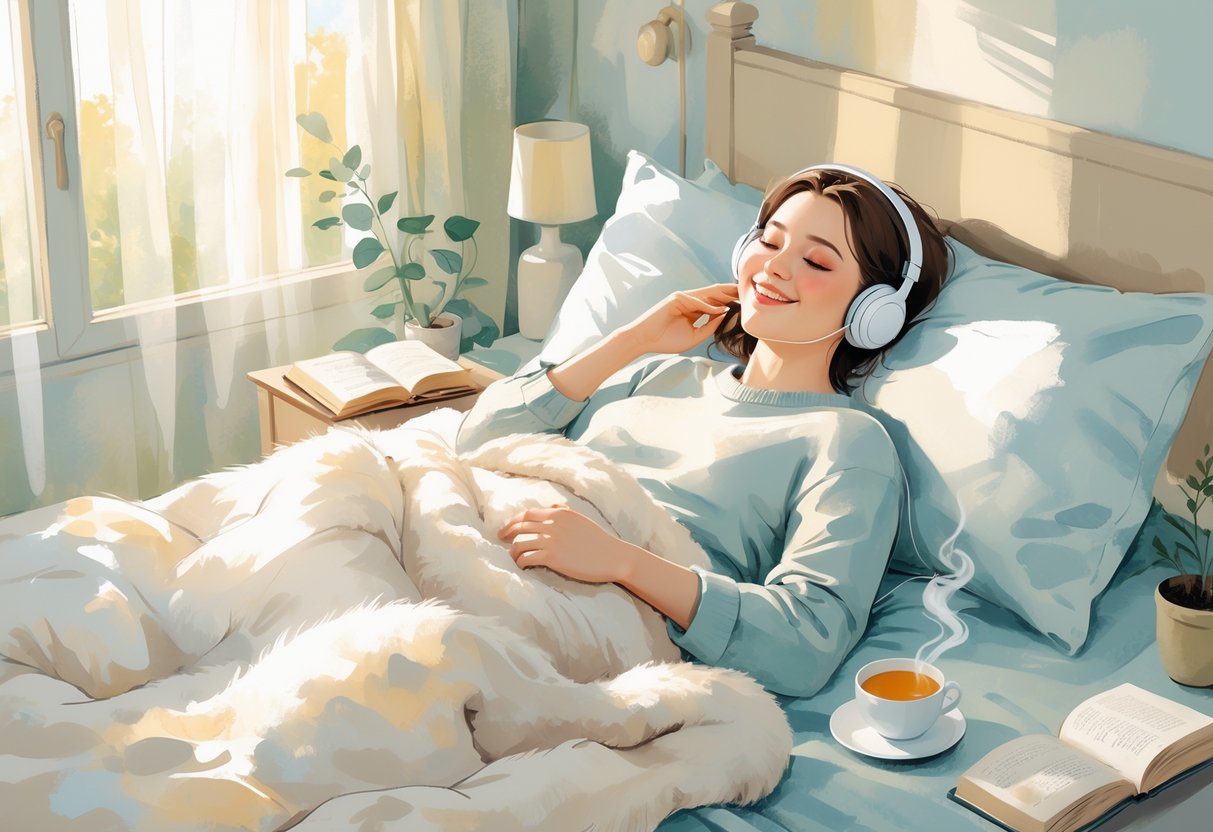 A person lying on a bed with headphones on, smiling peacefully in a softly lit bedroom with pillows, a book, a cup of tea, and a plant nearby.