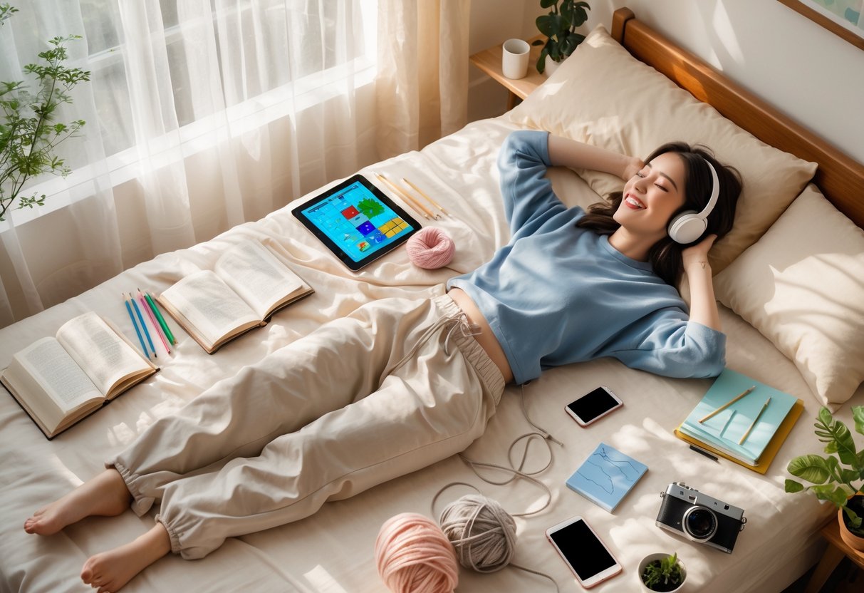 A person lying on a bed surrounded by items representing hobbies like reading, drawing, knitting, listening to music, and journaling in a cozy bedroom.