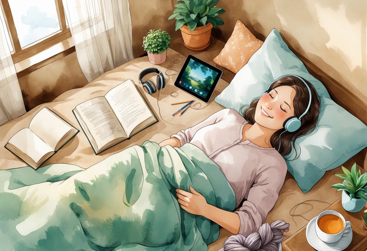 A person lying comfortably on a bed surrounded by items like a book, sketchpad, headphones, knitting supplies, a tablet, a plant, and a cup of tea in a cozy room.