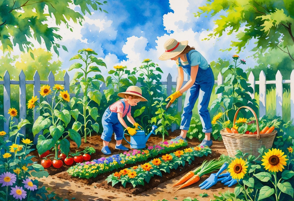 A parent and child gardening together in a vegetable and flower garden, surrounded by plants and gardening tools.