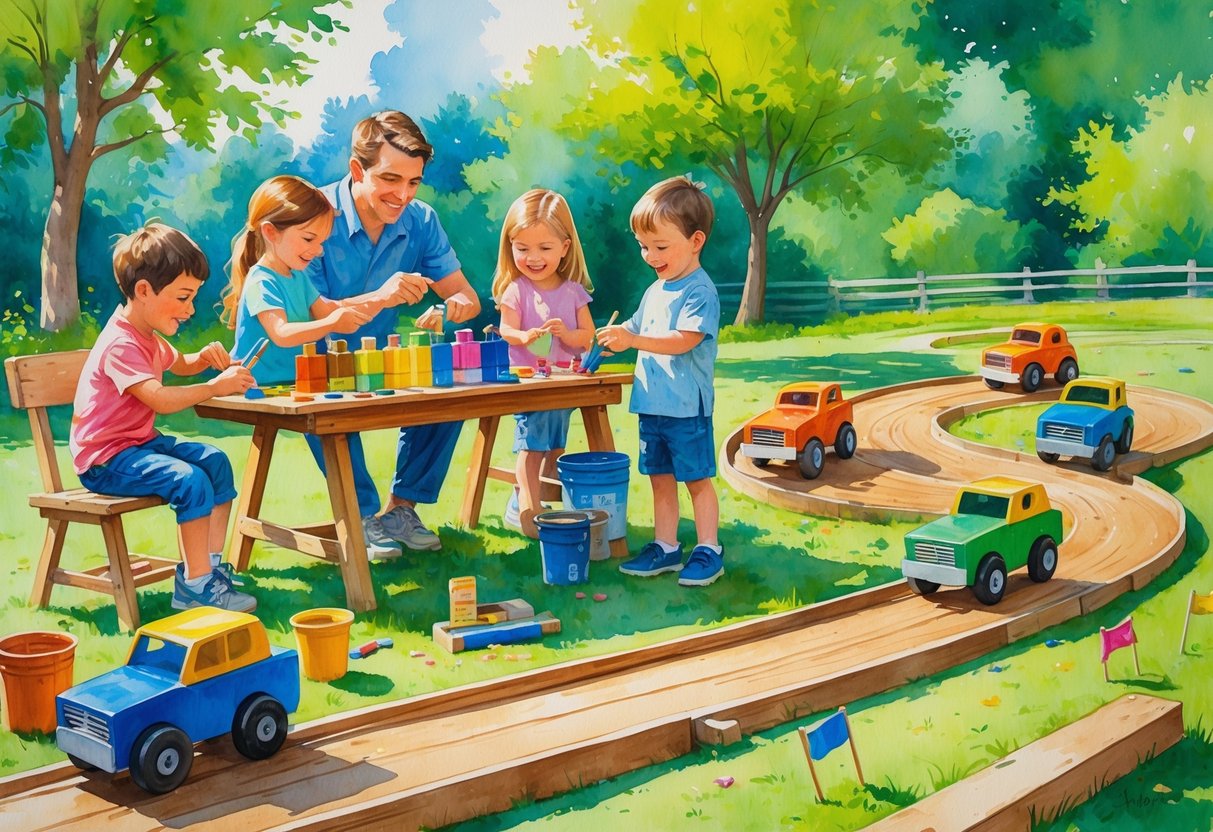 Children and parents building and racing wooden boxcars together outdoors in a park.