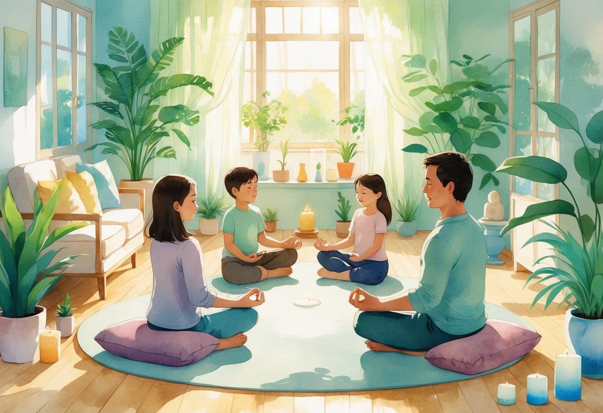 A family of four sitting in a circle on cushions in a living room, meditating together with eyes closed and calm expressions.
