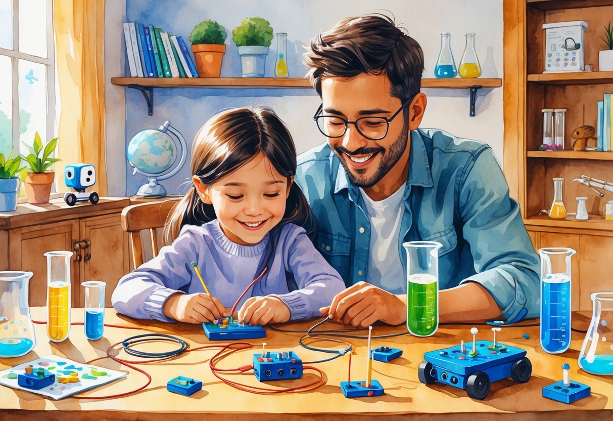 A parent and child working together on science experiments and STEM kits at a table, smiling and engaged in their activity.