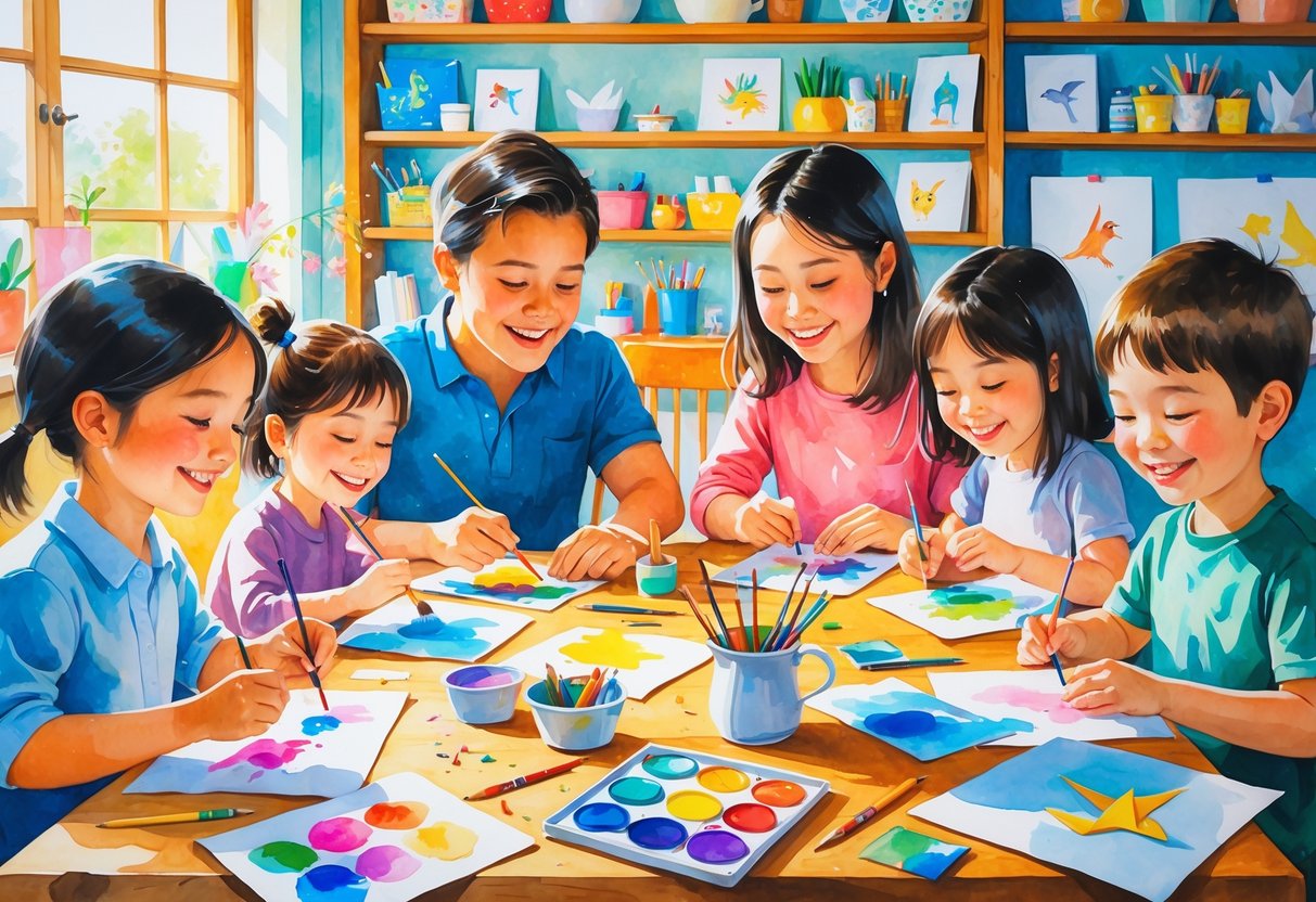 Children and parents happily painting and making origami together around a table filled with art supplies in a bright room.
