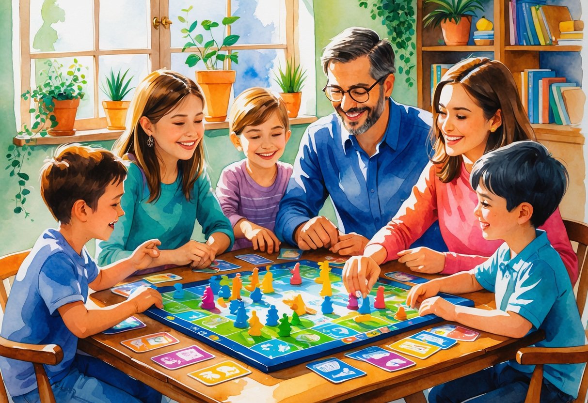 A family of children and parents playing a board game together around a table, smiling and interacting in a cozy living room.
