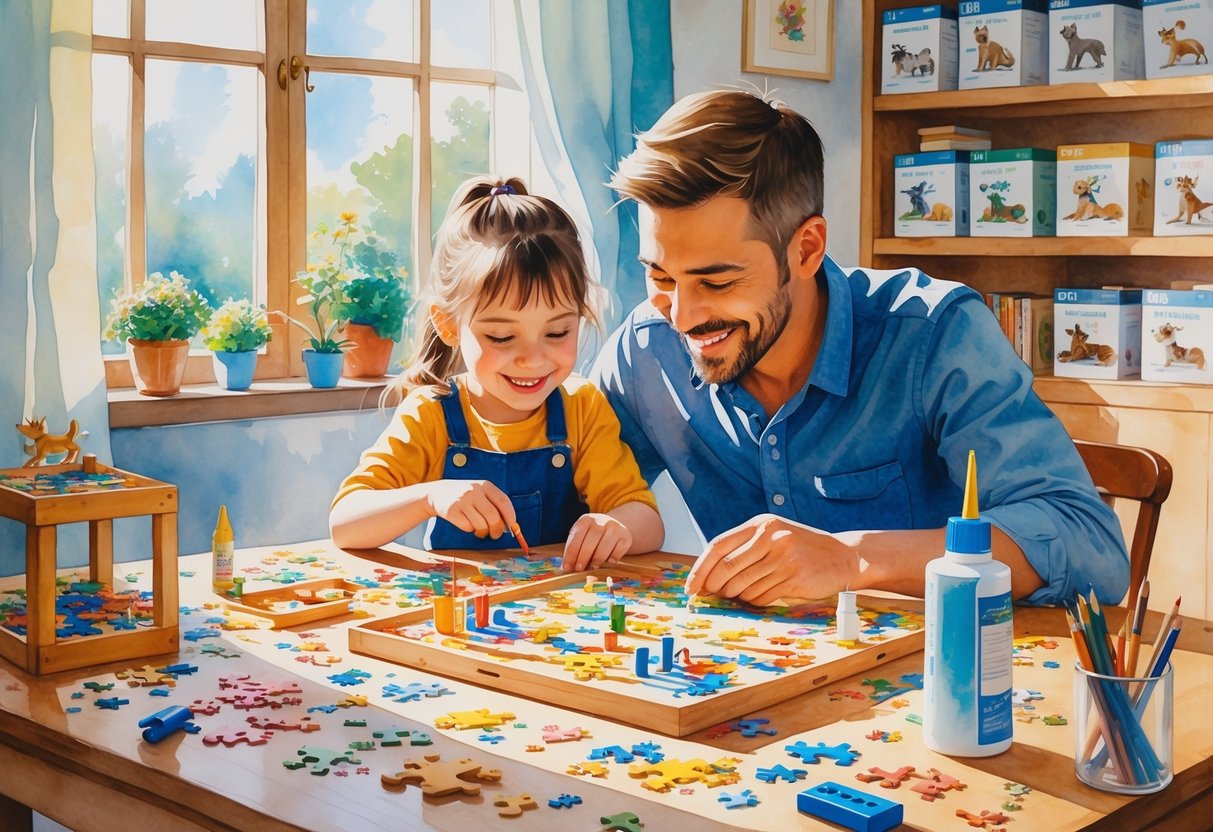 A parent and child happily working together on building models and assembling puzzles at a table in a cozy room.