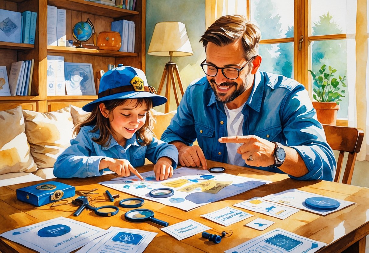 A parent and child working together on a detective mystery kit at a table filled with clues and spy gadgets in a cozy living room.