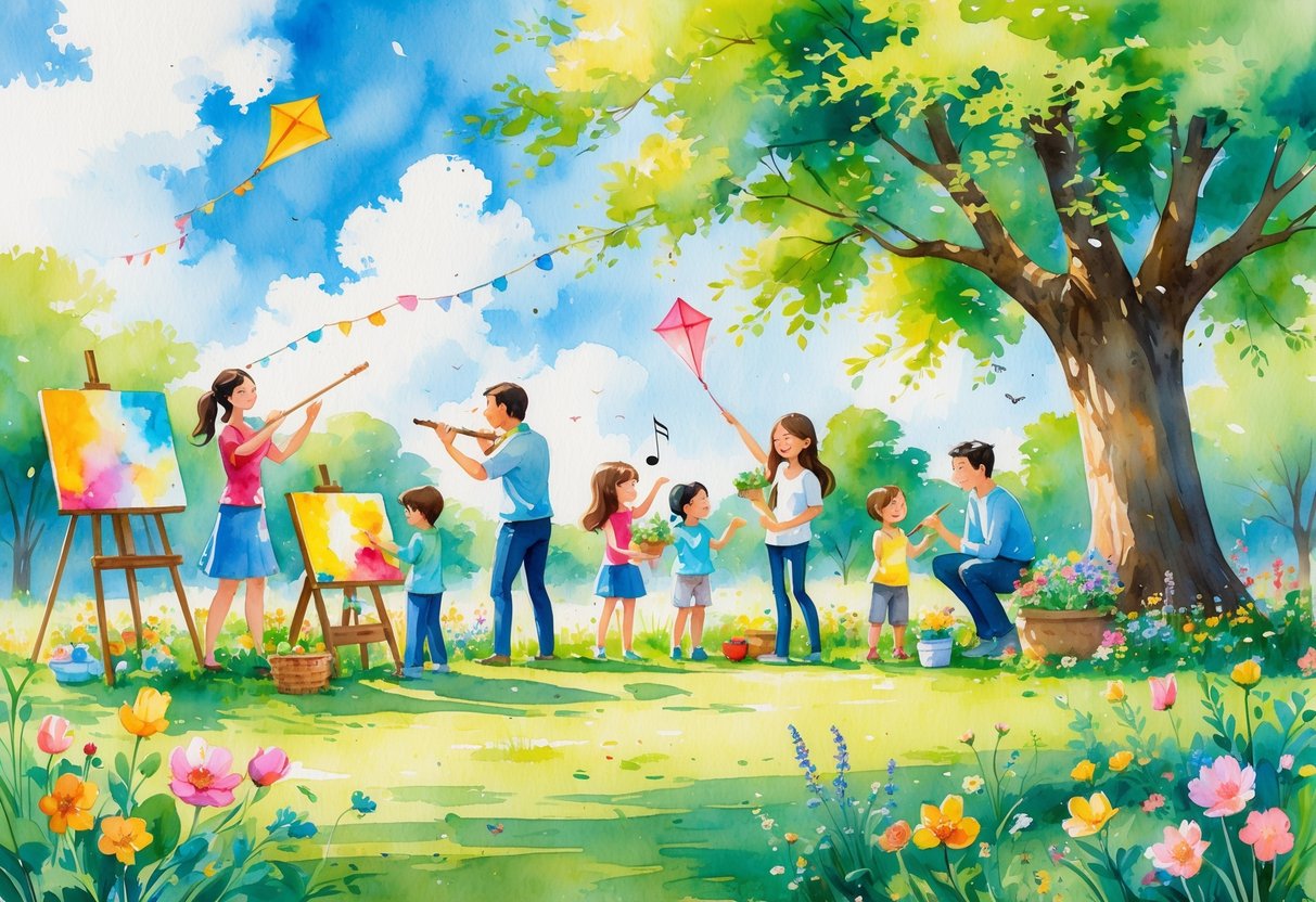Children and parents enjoying different hobbies together outdoors, including painting, playing music, gardening, flying kites, and reading under a tree.