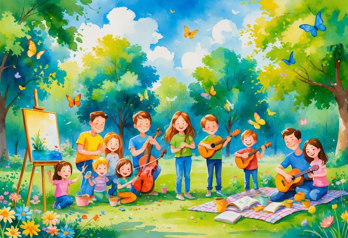 A group of children and parents enjoying different hobbies together outdoors, including painting, gardening, playing music, flying kites, and reading.
