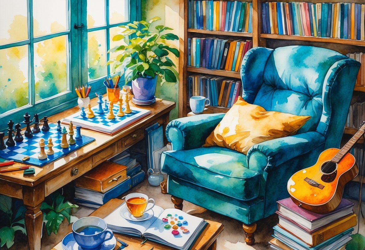 A person sitting in an armchair surrounded by a chessboard, sketchbook with art supplies, books with a cup of tea, a model-building kit, a guitar, and a potted plant in a cozy room.
