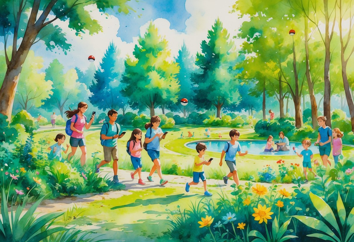 A lively outdoor scene with people hiking, gardening, playing frisbee, and having a picnic in a sunny park surrounded by trees and flowers.