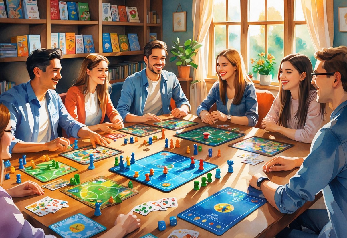 A group of people playing various board games together around a wooden table in a cozy room filled with shelves of games.