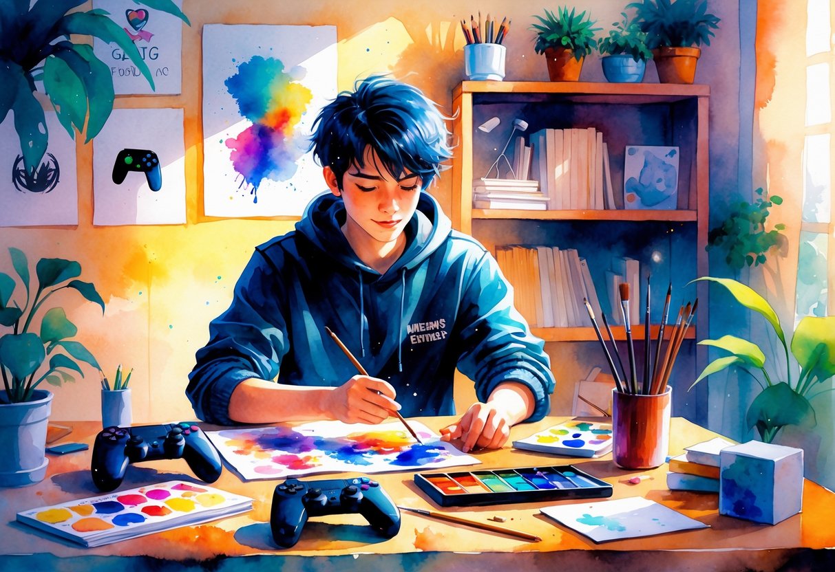 A person sitting at a table surrounded by art supplies, painting and drawing in a cozy room with gaming items nearby.