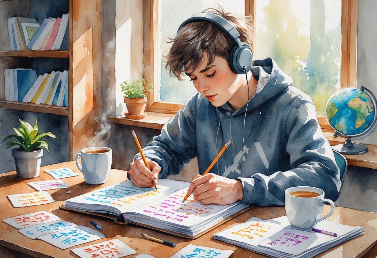 A young person sitting at a desk writing in a notebook surrounded by language study materials, a cup of tea, and a potted plant by a window.
