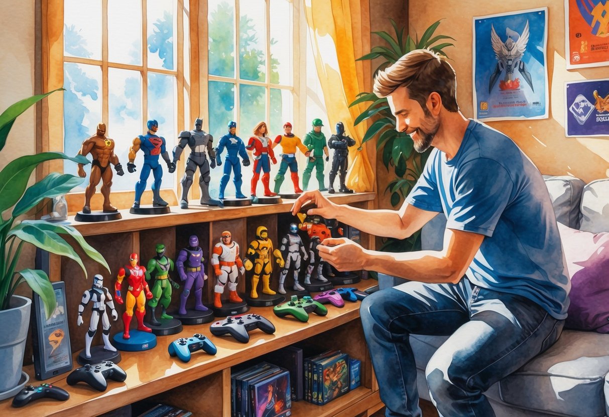 A person arranging colorful action figures on a wooden shelf in a cozy room filled with gaming accessories and natural light.