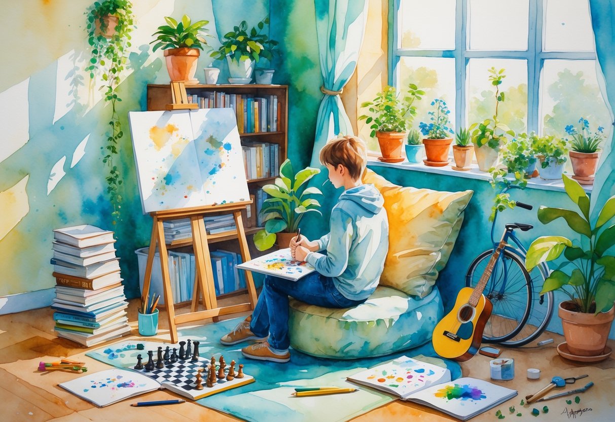 A person sitting in a sunlit room surrounded by items representing various offline hobbies like painting, reading, chess, knitting, gardening, puzzles, playing guitar, writing, model building, and a bicycle.