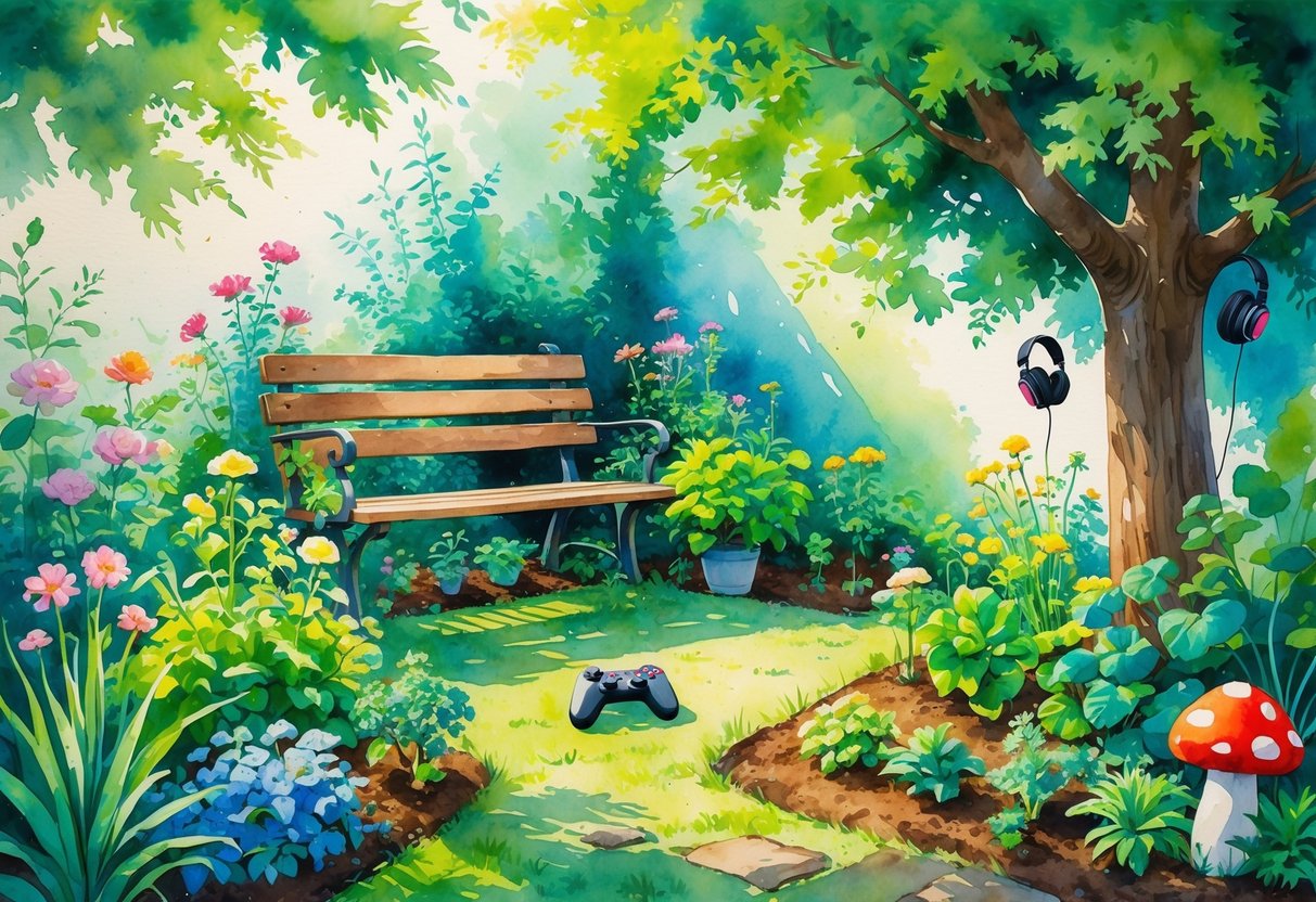 A peaceful garden corner with a wooden bench, colorful flowers, green plants, and small vegetable patches, with gaming items like a controller and headphones subtly placed among the greenery.