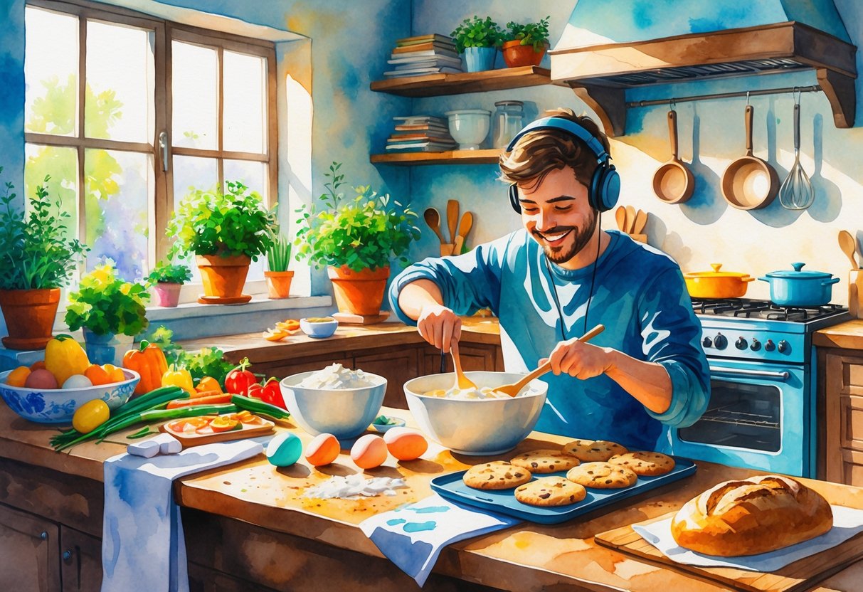 A person cooking and baking in a cozy kitchen with fresh ingredients, baked goods, and kitchen utensils around them.