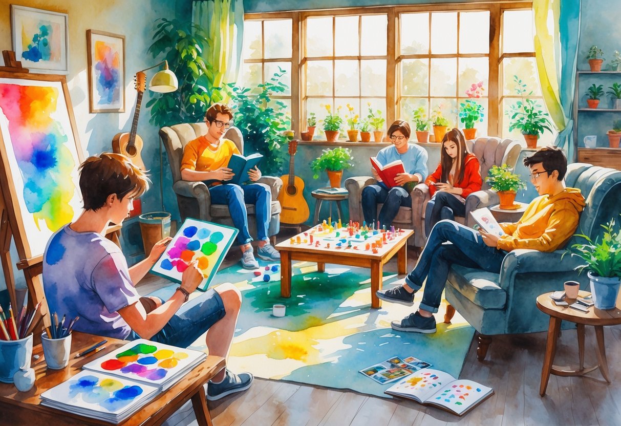 A group of people enjoying various offline hobbies indoors, including painting, reading, playing a board game, and gardening.