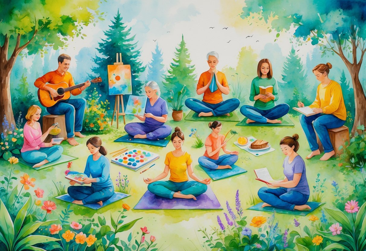 A group of adults engaged in various hobbies including gardening, playing guitar, painting, yoga, reading, assembling puzzles, cooking, knitting, hiking, and journaling in a calm and inviting setting.