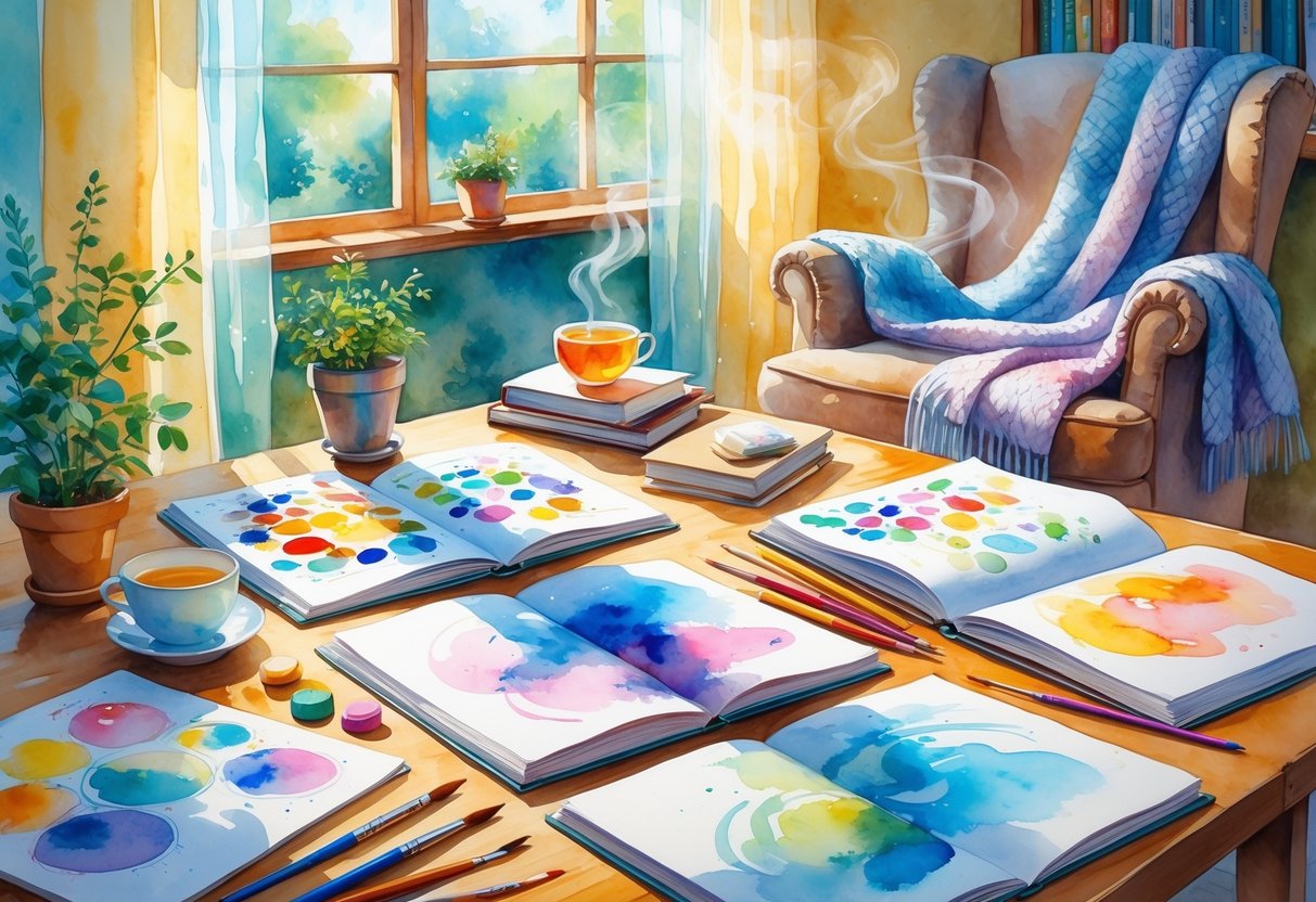 A sunlit room with a wooden table holding art supplies, knitting materials, a potted plant, and a cup of tea, next to a cozy armchair with a blanket and books.