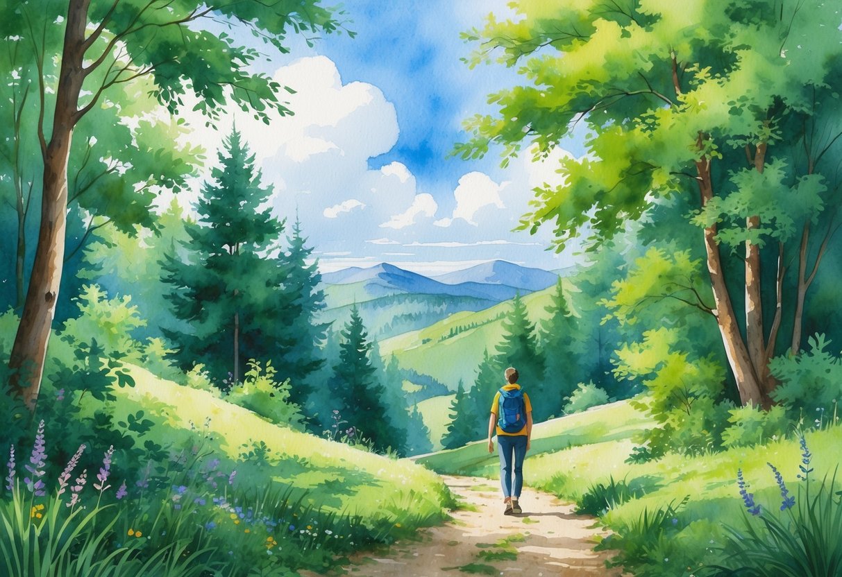 An adult hiking alone on a forest trail surrounded by trees, wildflowers, and distant mountains under a sunny sky.