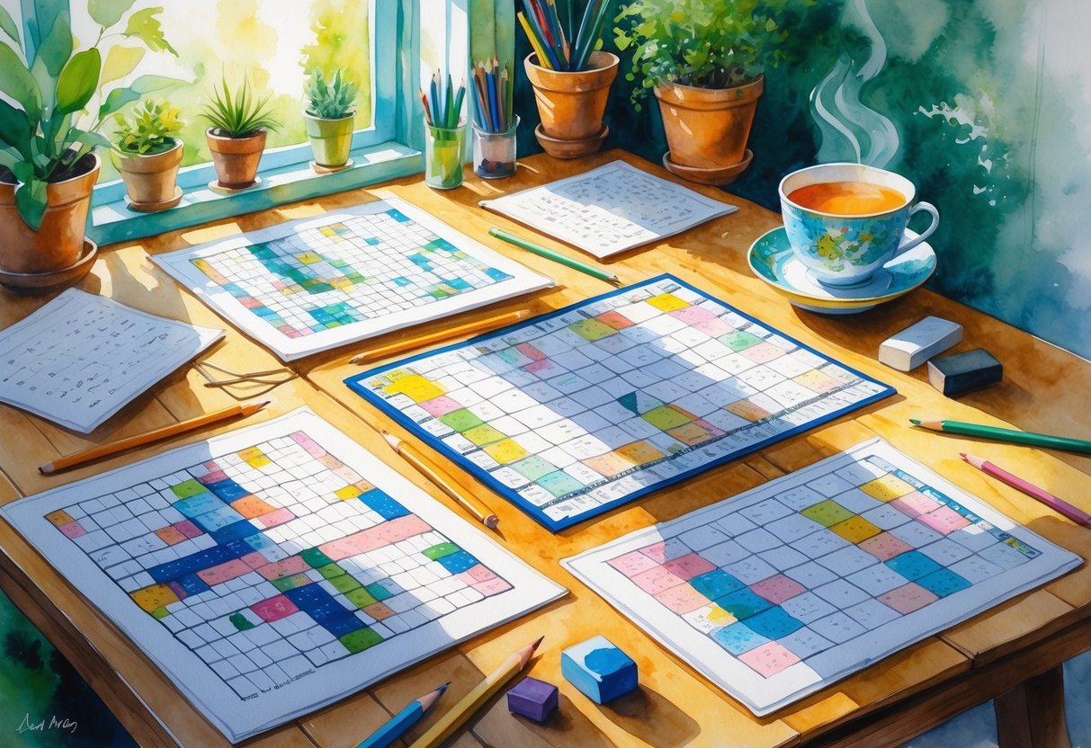 A cozy table with crossword and Sudoku puzzles, colored pencils, a cup of tea, and plants in a peaceful home setting.