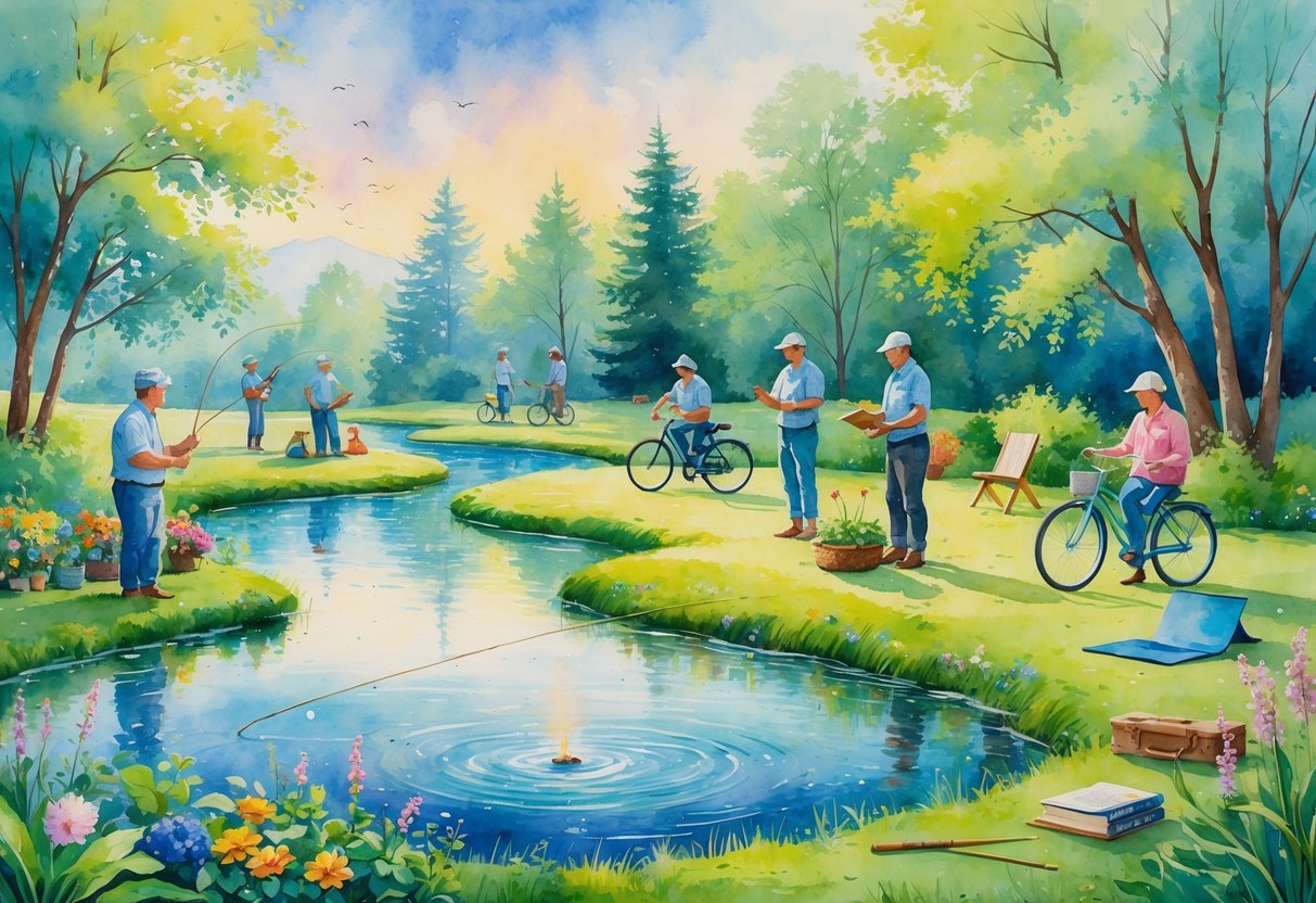 A peaceful outdoor scene showing veterans fishing, gardening, sitting around a campfire, biking, painting, and enjoying various hobbies together.