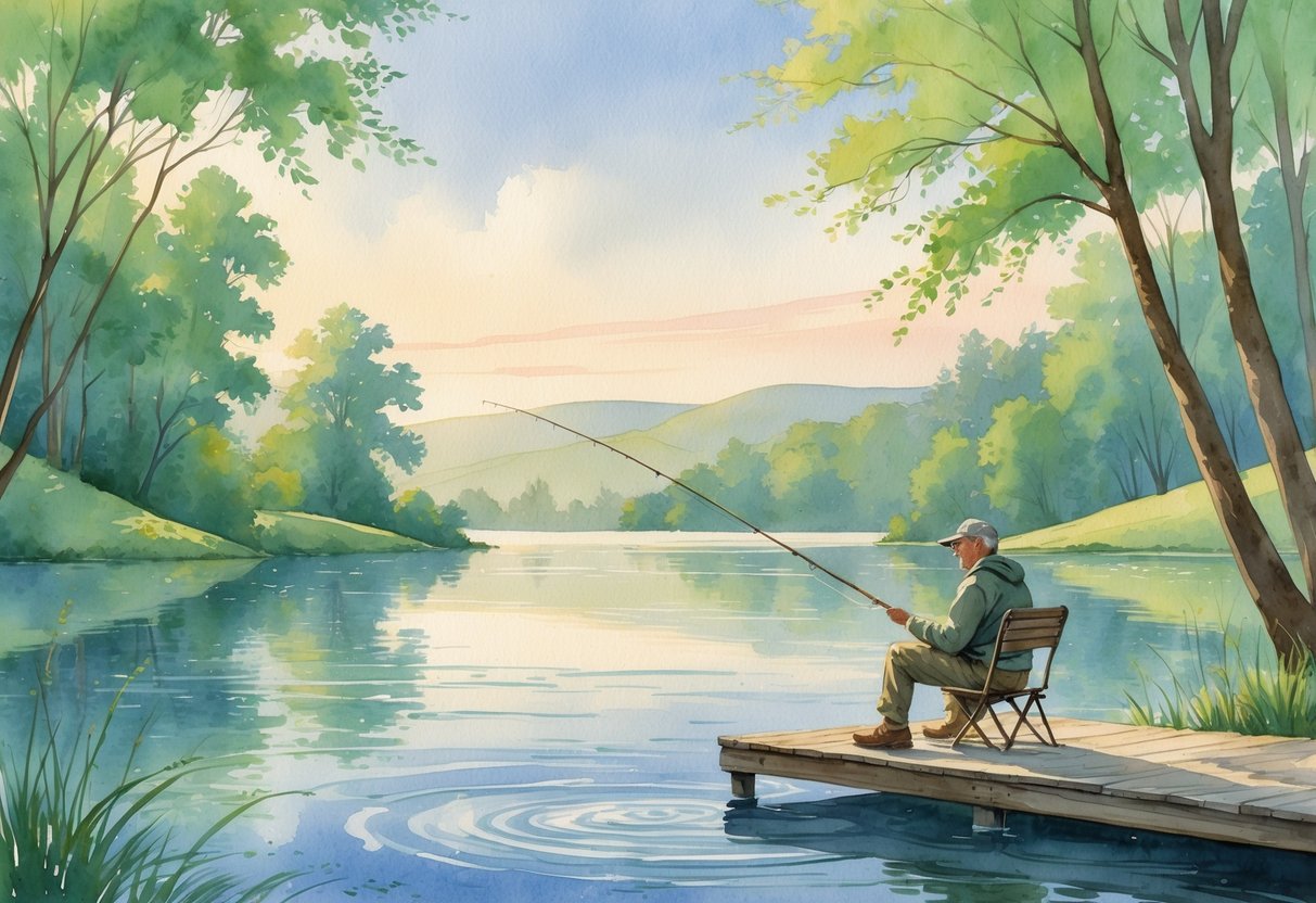 A person fishing peacefully on a wooden dock by a calm lake surrounded by trees and hills under a soft morning sky.