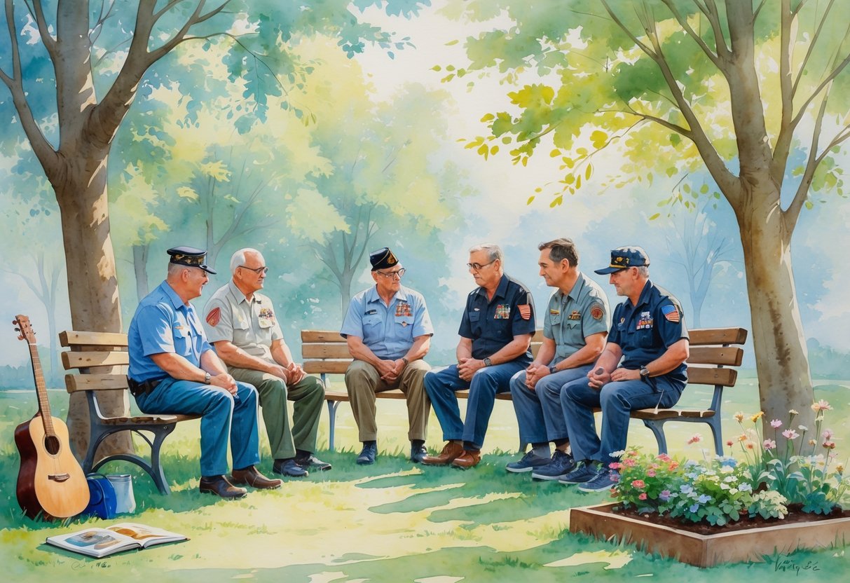 A group of veterans and a younger person gathered outdoors in a park, sharing advice and enjoying hobbies like music, drawing, and gardening.