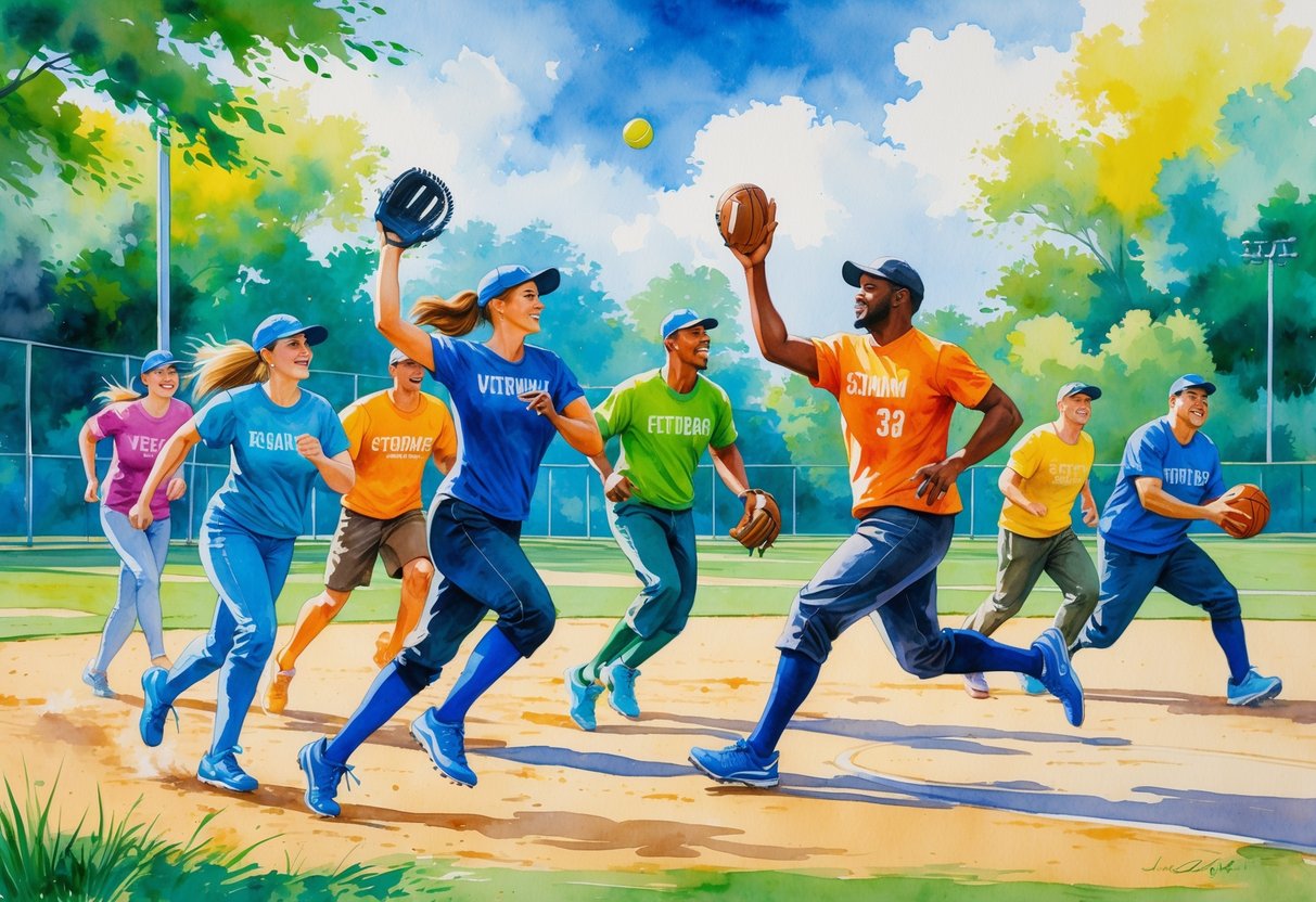 A group of people playing softball and basketball together outdoors in a park.