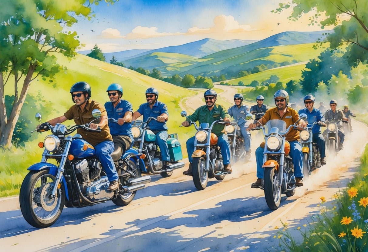 A group of people riding motorcycles together on a scenic road surrounded by hills and trees.