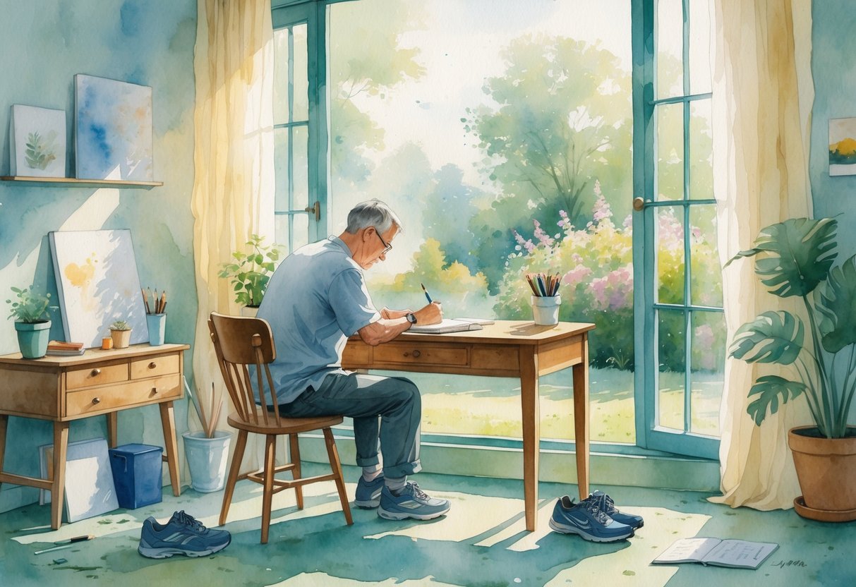 A person writing in a notebook at a desk near a window with sunlight, surrounded by items representing hobbies like painting, music, plants, and running shoes.