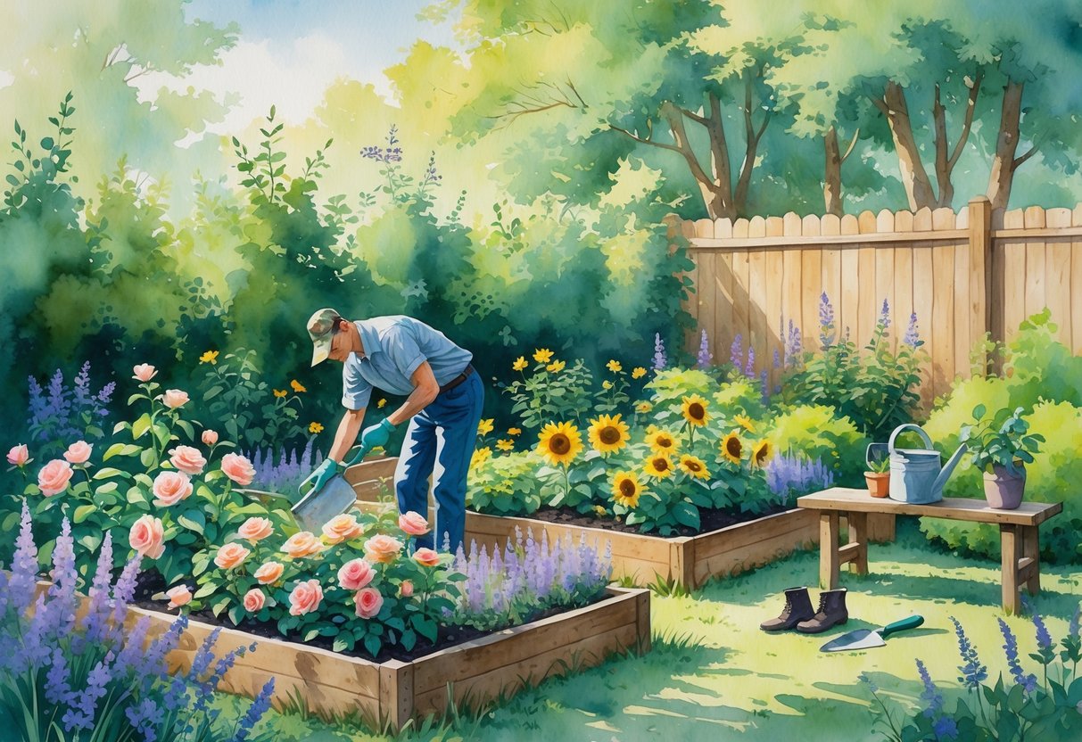 A person tending to colorful flowers in a peaceful garden with trees and gardening tools nearby.