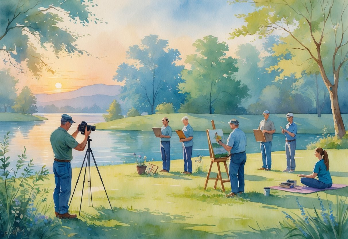 A group of veterans enjoying hobbies like photography, painting, gardening, reading, playing music, and yoga together in a peaceful park near a lake.