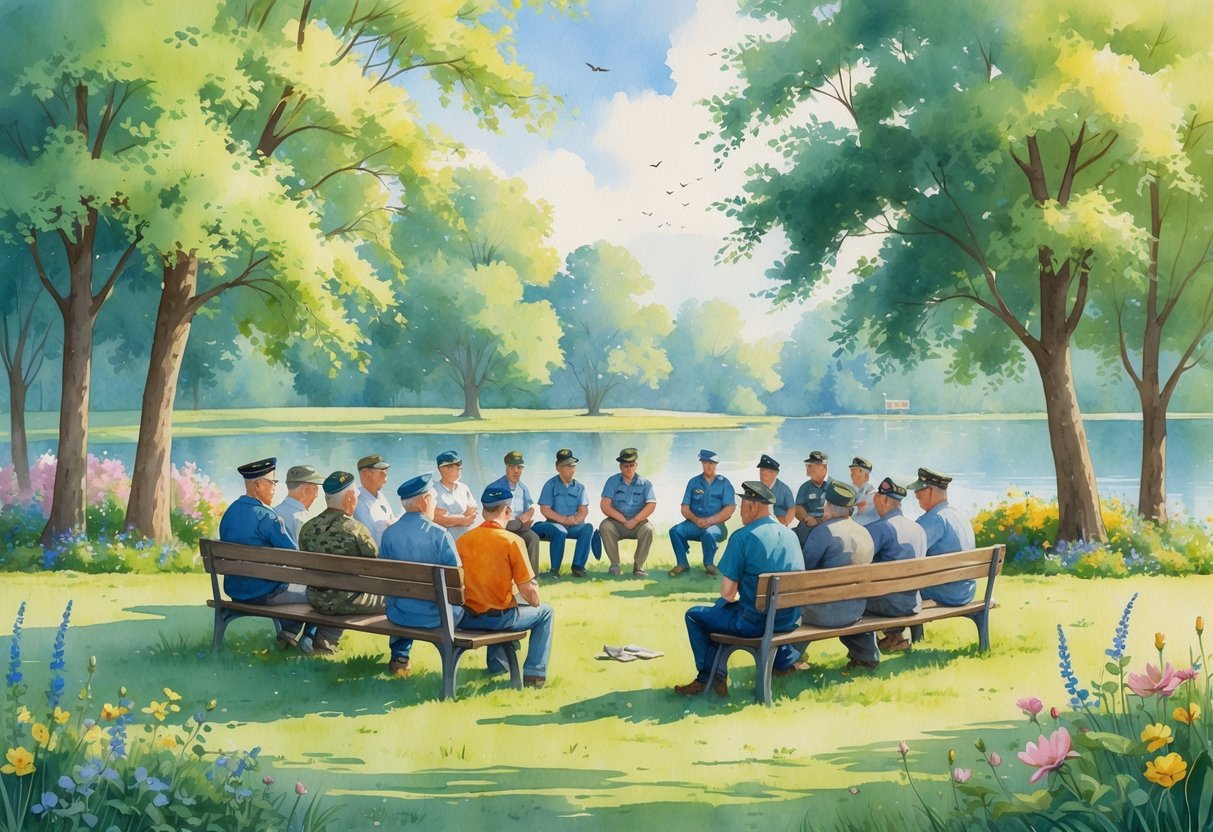 A group of veterans sitting together in a park, talking and supporting each other with trees, flowers, and a lake in the background.