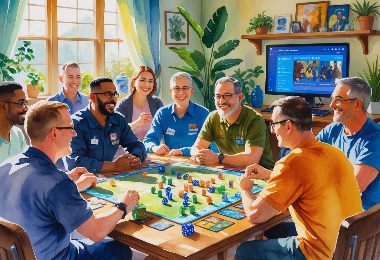 A group of veterans playing tabletop and online games together around a table, smiling and enjoying each other's company in a cozy room.