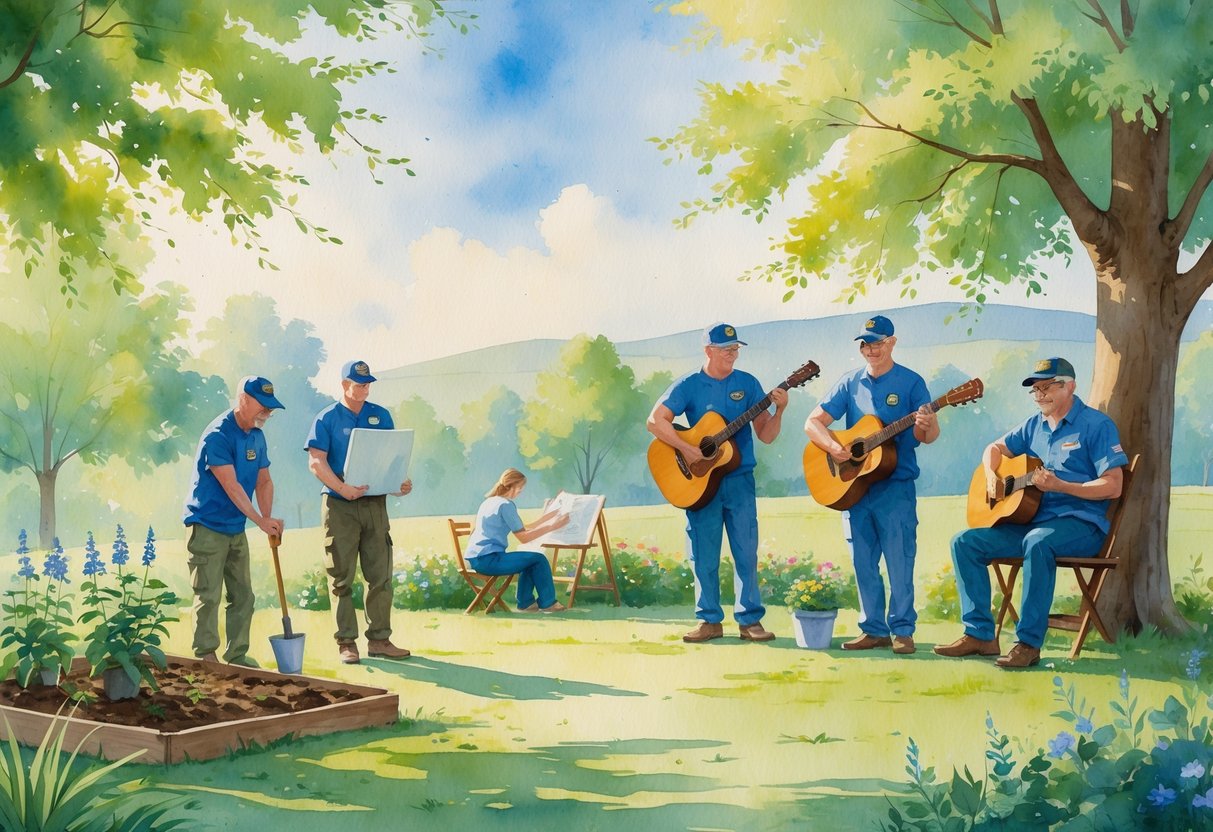 A group of veterans enjoying different hobbies outdoors in a peaceful park setting, including gardening, painting, playing guitar, and reading.