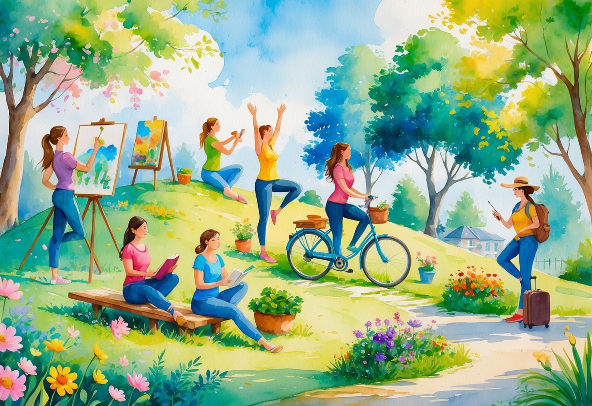 A group of women over 40 enjoying various hobbies outdoors and indoors, including painting, yoga, gardening, reading, cycling, cooking, playing music, hiking, writing, and traveling.