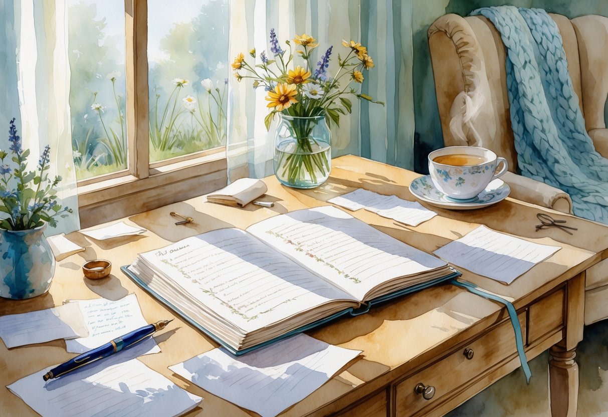 A cozy desk by a window with an open journal, pen, cup of tea, and flowers, next to a comfortable armchair with a blanket.