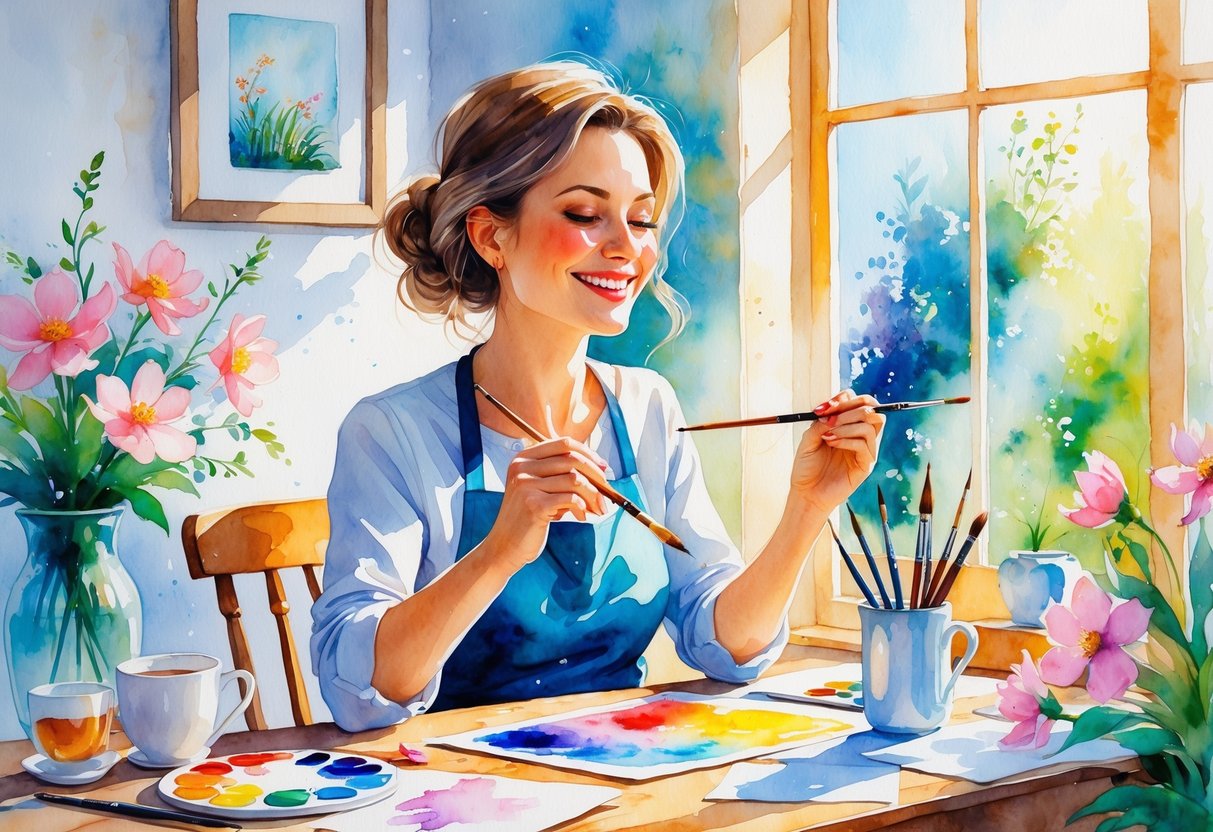 A woman in her 40s happily painting with watercolors at a table surrounded by art supplies and flowers.